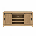 Meuble TV de rangement bois naturel portes coulissantes en MDF et métal noir 150 x 40 x 70 cm