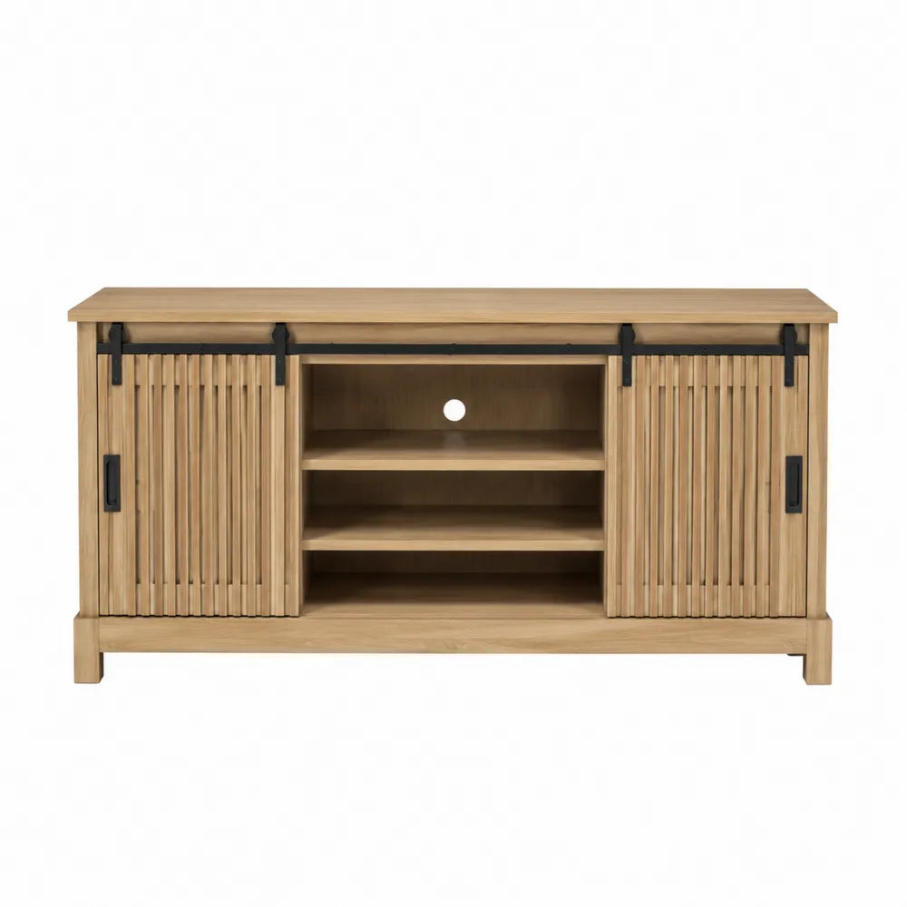 Meuble TV de rangement bois naturel portes coulissantes en MDF et métal noir 150 x 40 x 70 cm
