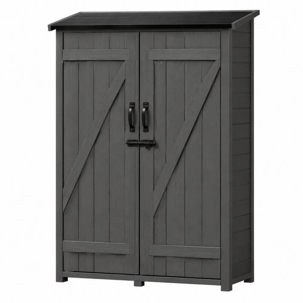 Armoire de rangement extérieur 87 cm x 46 cm x 96 cm en polypropylène aspect bois gris anthracite avec double porte rectangulaire