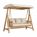 Balancelle de jardin 3 places en acacia massif avec toit et coussins polyester écrus 210 x 130 x 190 cm