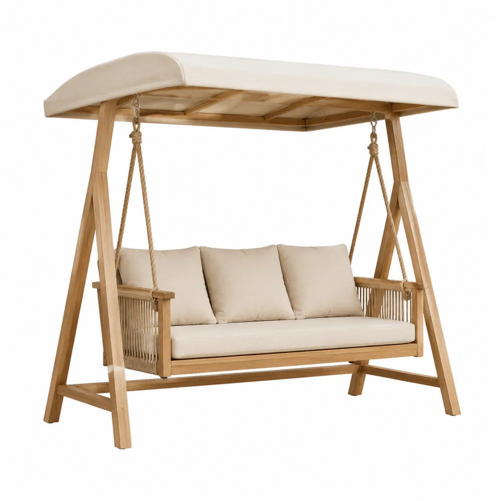 Balancelle de jardin 3 places en acacia massif avec toit et coussins polyester écrus 210 x 130 x 190 cm