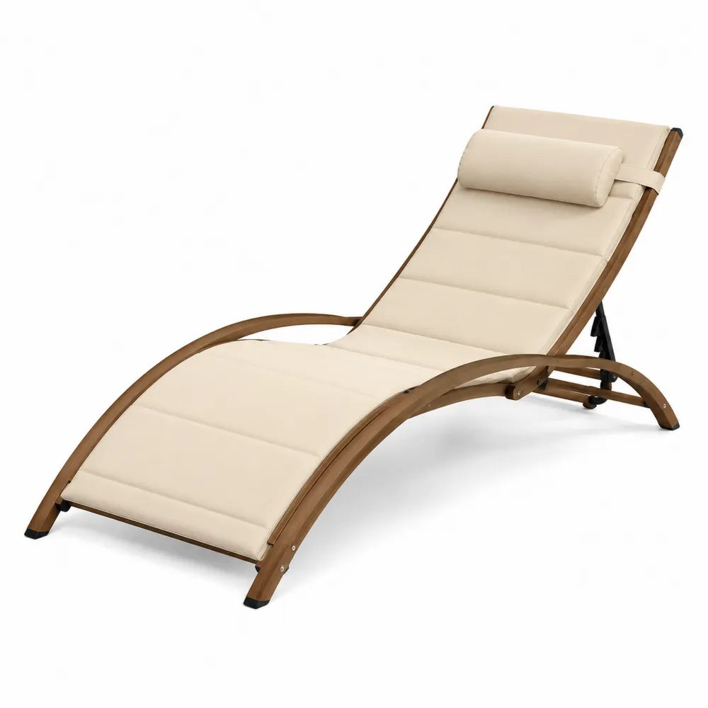 Bain de soleil extérieur inclinable en acacia massif brun naturel avec coussin polyester écru et appuie-tête 200 x 68 x 76 cm