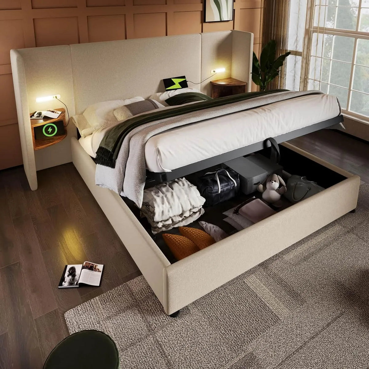 Lit Coffre 180x200cm avec Table de Nuit — avec rangement, avec port USB, 180 × 200cm, beige, revêtement en tissu