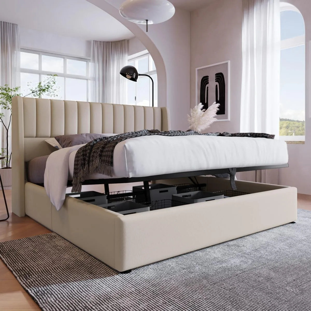 Sweiko Lit 160 x 200 cm avec Rangement — en métal, en bois, 160 × 200 cm, beige