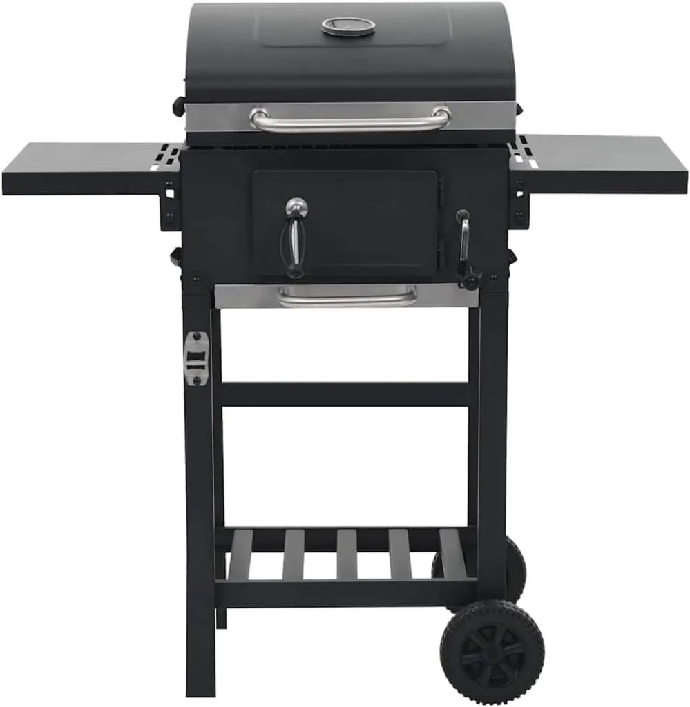 Gril à charbon avec étagère en acier et tables pliables - Thermomètre intégré - Noir - 97 x 57 x 99 cm