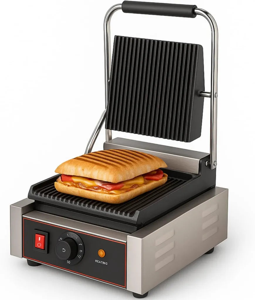 Grill Panini Électrique Professionnel - Plaques en Fonte Antiadhésives - 1800W - Température Réglable 0-300°C
