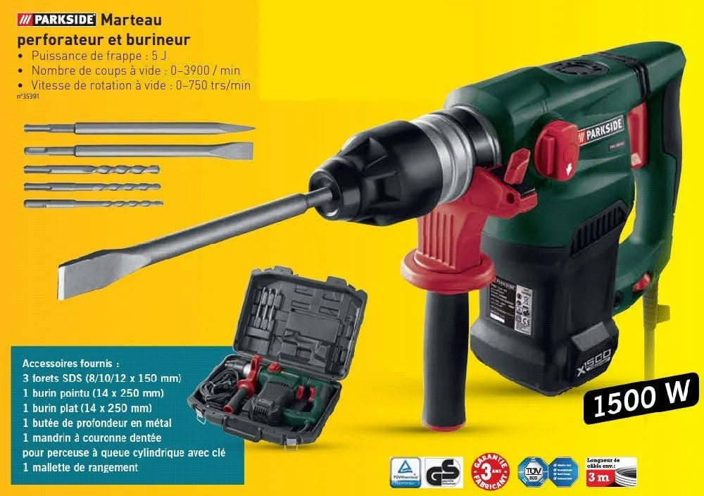 Marteau pneumatique Perforateur burineur pour percer avec percussion et travailler au burin et burineur Parkside 1500W avec accessoires PBH: PBH 1500