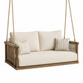 Balancelle suspendue 2 places rectangulaire 160 x 83 x 70 cm en acacia massif corde polyester brun coussins écru