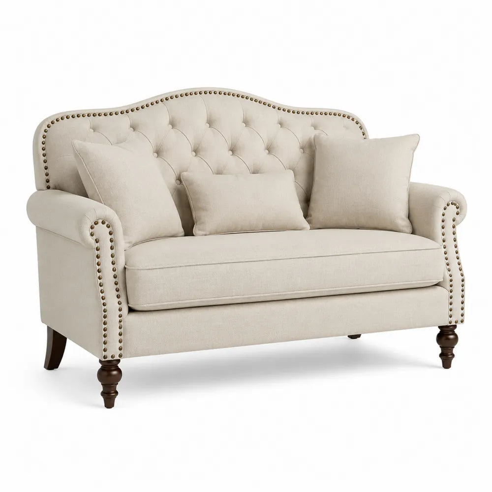 Canapé 2 places capitonné en polyester beige avec clous décoratifs et pieds en bois massif 150 x 78 x 96 cm