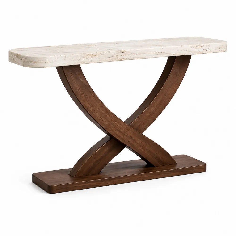 Table console rectangulaire 130 x 35 x 80 cm plateau en pierre de travertin beige et base croisée en bois teinté noyer