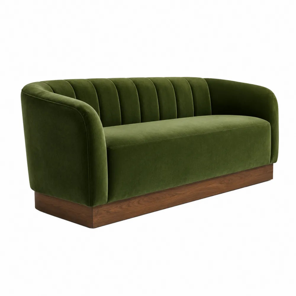 Canapé 2 places en velours vert avec base en bois finition noyer 180 x 82 x 76 cm