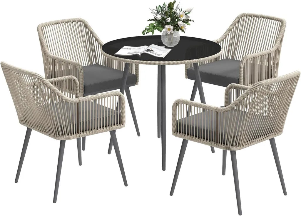 Ensemble de Mobilier de Jardin 4 Places en Résine Tressée avec Coussins et Table en Verre - Marron
