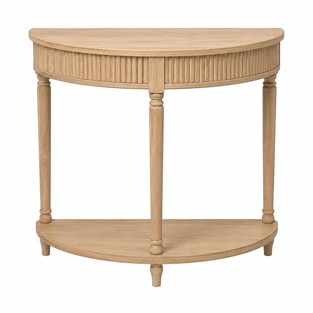 Table console demi-lune 2 niveaux en MDF plaqué chêne clair avec façade rainurée 90 x 38 x 85 cm