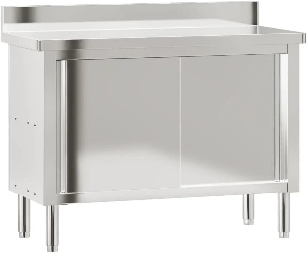 Table de Cuisine en Acier Inoxydable avec Portes Coulissantes et Pieds Réglables