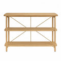 Table console à 3 niveaux 120 x 35 x 80 cm en MDF plaqué chêne naturel structure bois et tiges métal laiton forme rectangulaire