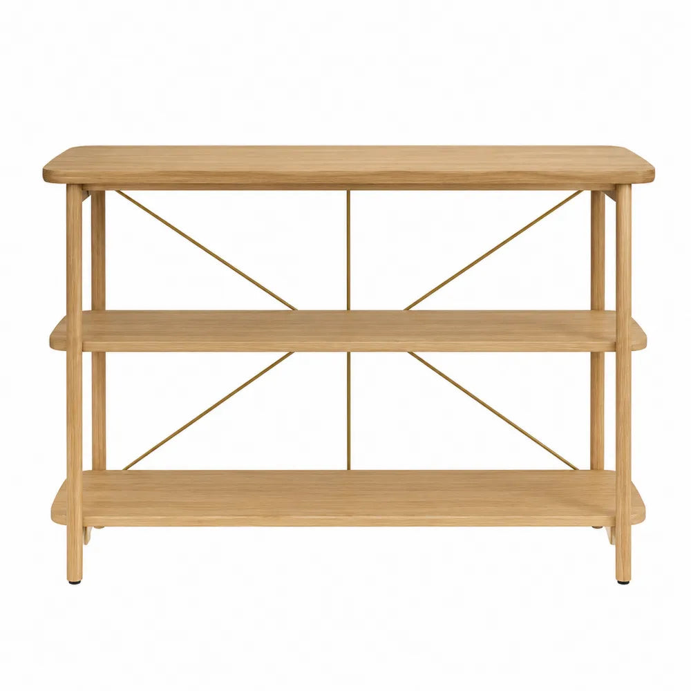 Table console à 3 niveaux 120 x 35 x 80 cm en MDF plaqué chêne naturel structure bois et tiges métal laiton forme rectangulaire
