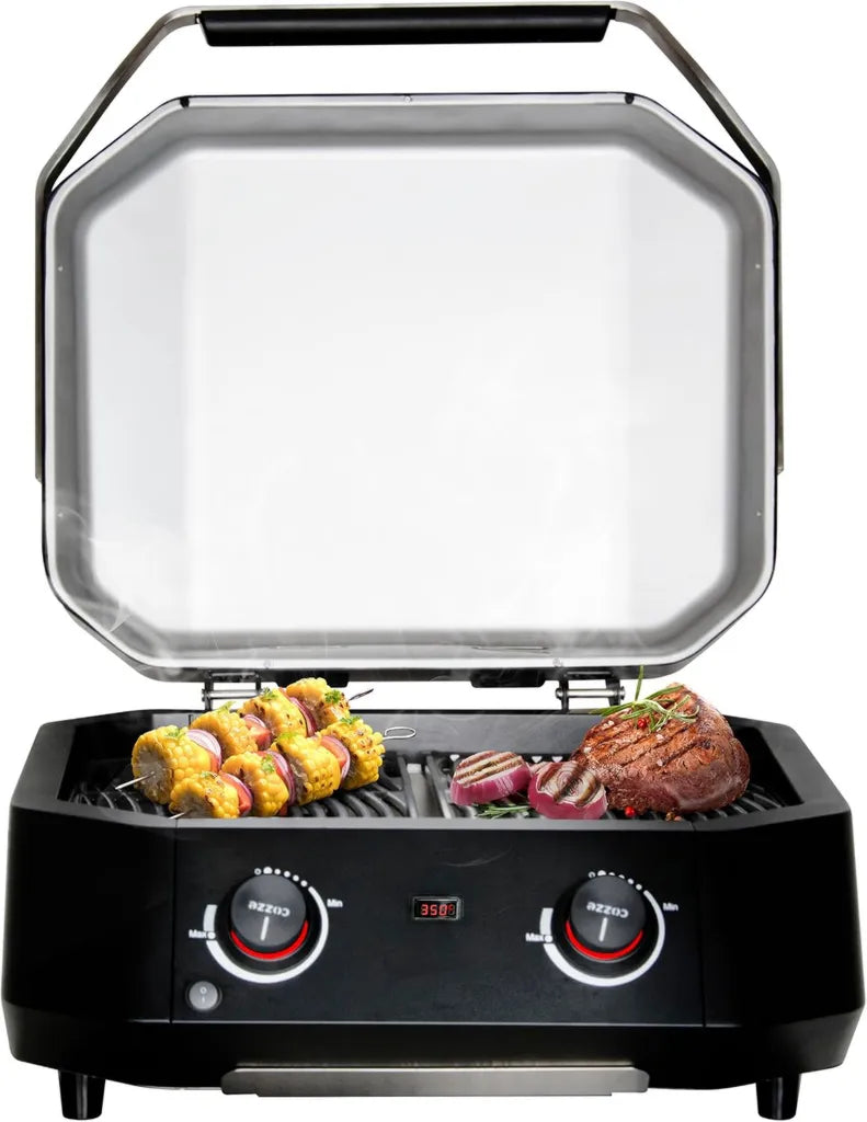Cozze Barbecue Électrique 2 Zones 2100W - Thermomètre Digital, Inox, Jusqu'à 400°C