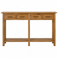 Table console rectangulaire 140 x 35 x 80 cm en acacia massif finition miel avec 4 tiroirs et poignées noires