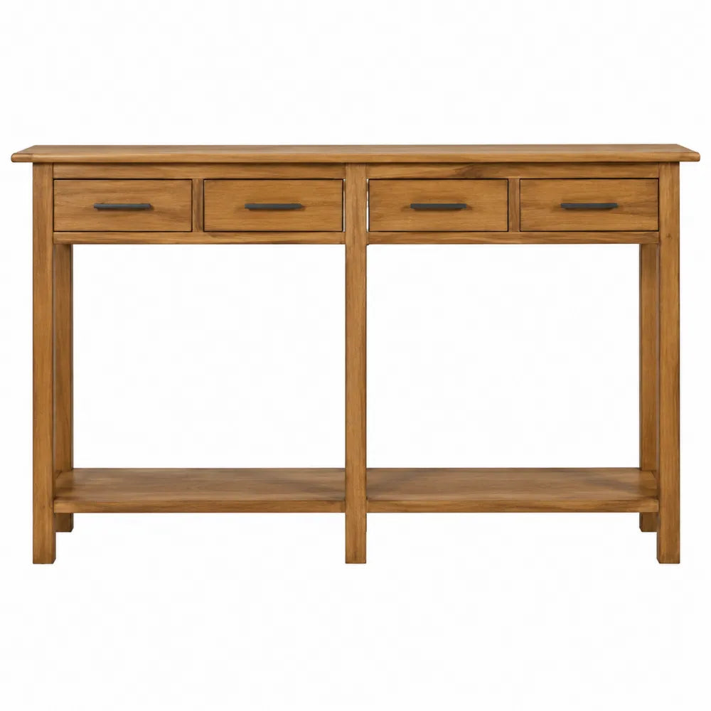 Table console rectangulaire 140 x 35 x 80 cm en acacia massif finition miel avec 4 tiroirs et poignées noires