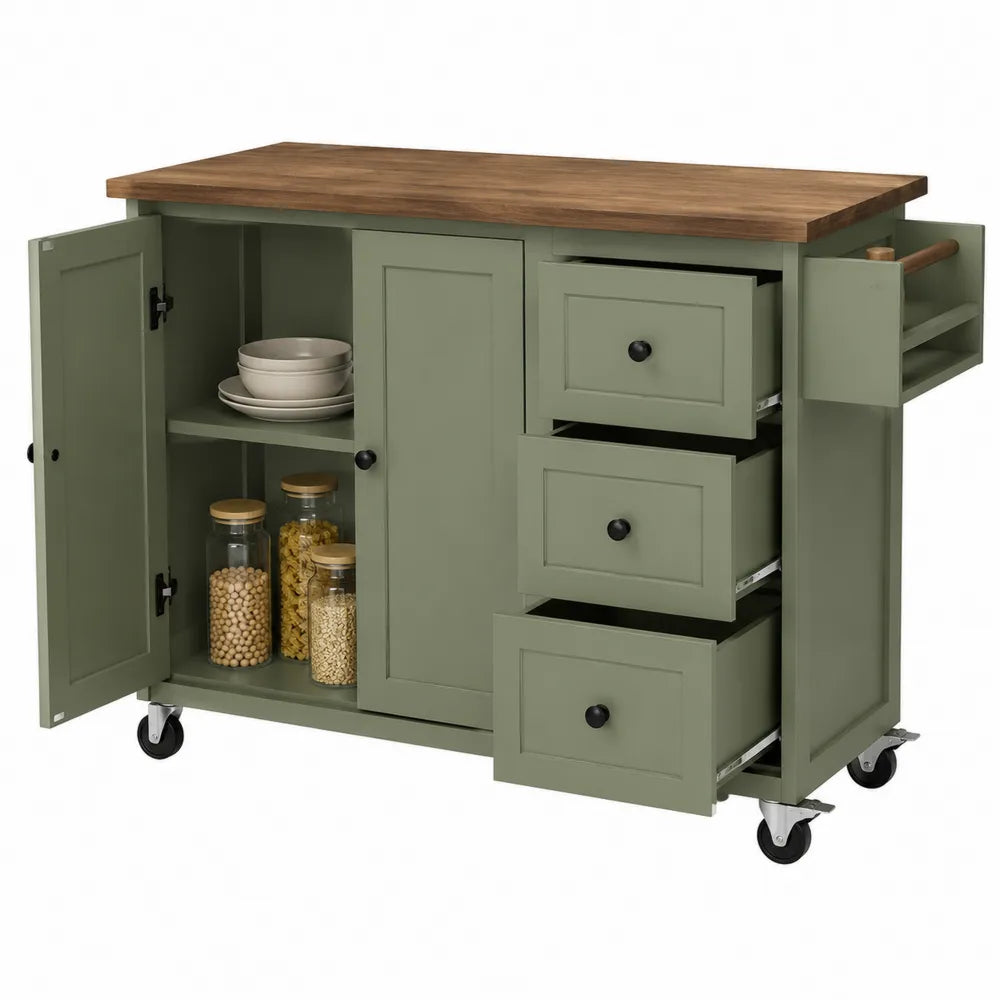Chariot de cuisine multifonction à roulettes 120 x 46 x 90 cm en MDF vert sauge avec plateau en hévéa massif brun naturel