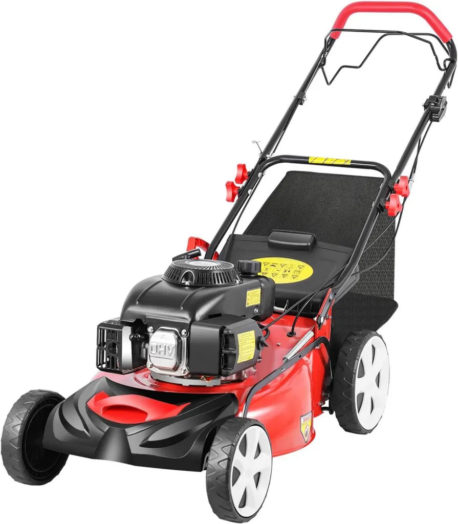 Tondeuse à gazon essence 140 cc 3 en 1, moteur puissant 5 CV, auto-tractée, largeur 51 cm, hauteur réglable 8 niveaux