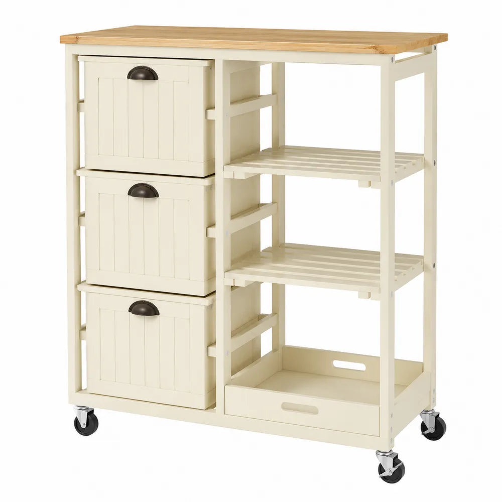 Chariot de cuisine rectangulaire 85 x 45 x 90 cm bambou naturel pin peint crème 3 tiroirs 2 tablettes avec roulettes