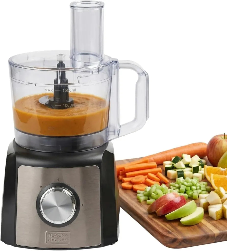 Robot culinaire BLACK+DECKER 1200W, bol 1,5 L, 2 vitesses + Turbo, 8 accessoires inox, sans BPA