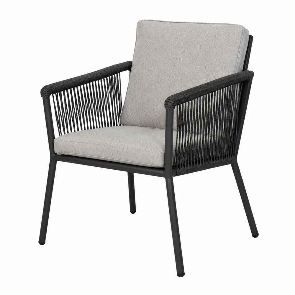 Chaise de jardin 60 cm x 65 cm x 85 cm en acier thermolaqué corde polyester noir coussins gris clair avec accoudoirs