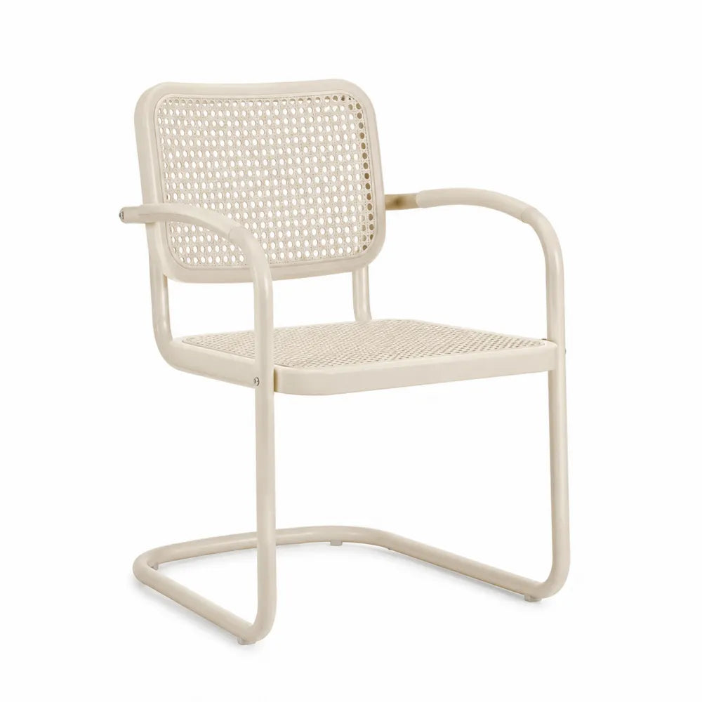 Chaise de jardin avec accoudoirs empilable en résine PE tressée et acier tubulaire couleur crème
