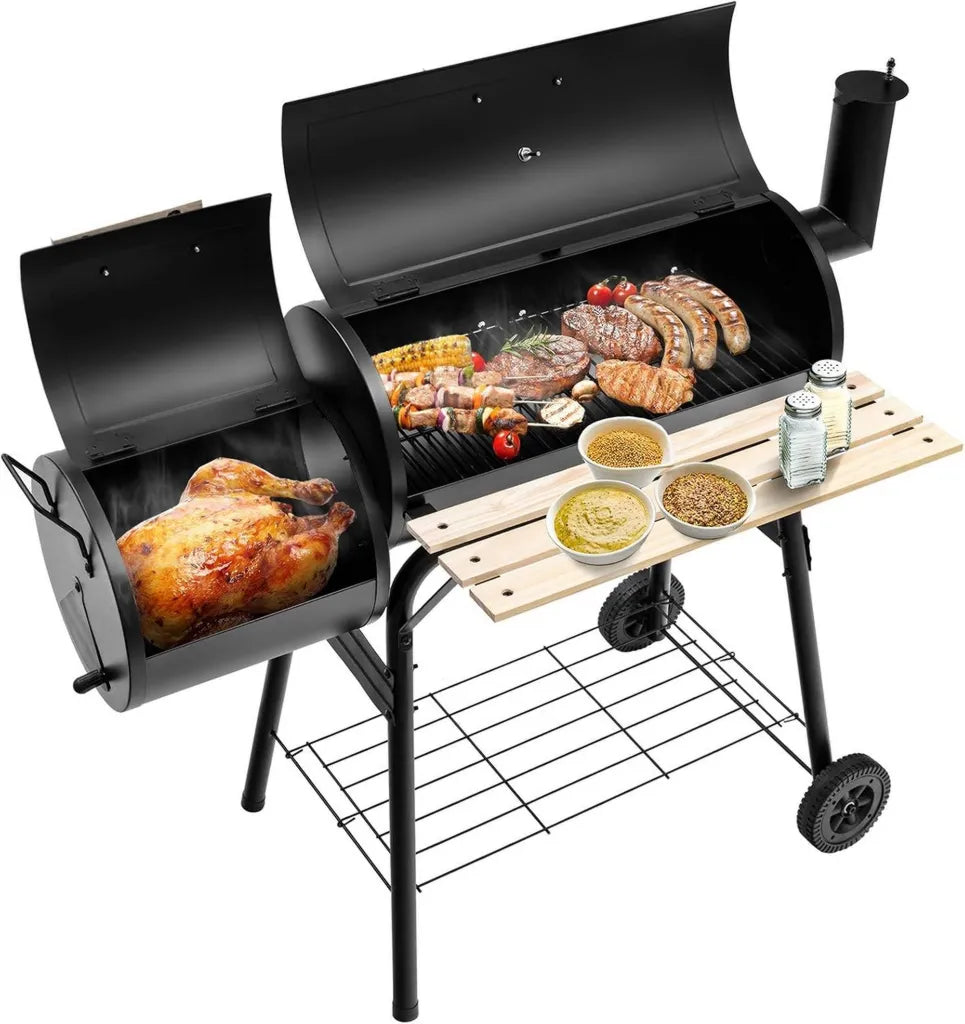 Gril à Charbon avec Thermomètre et Roulettes, Barbecue Extérieur avec Table et Étagère, Idéal pour Jardin et Camping