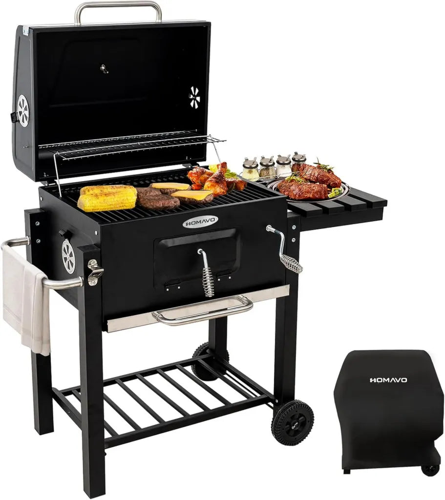 Grill à Charbon avec Couvercle et Table Latérale Pliante, Surface de Cuisson 56x42,5 cm, Bac Réglable, Housse de Protection
