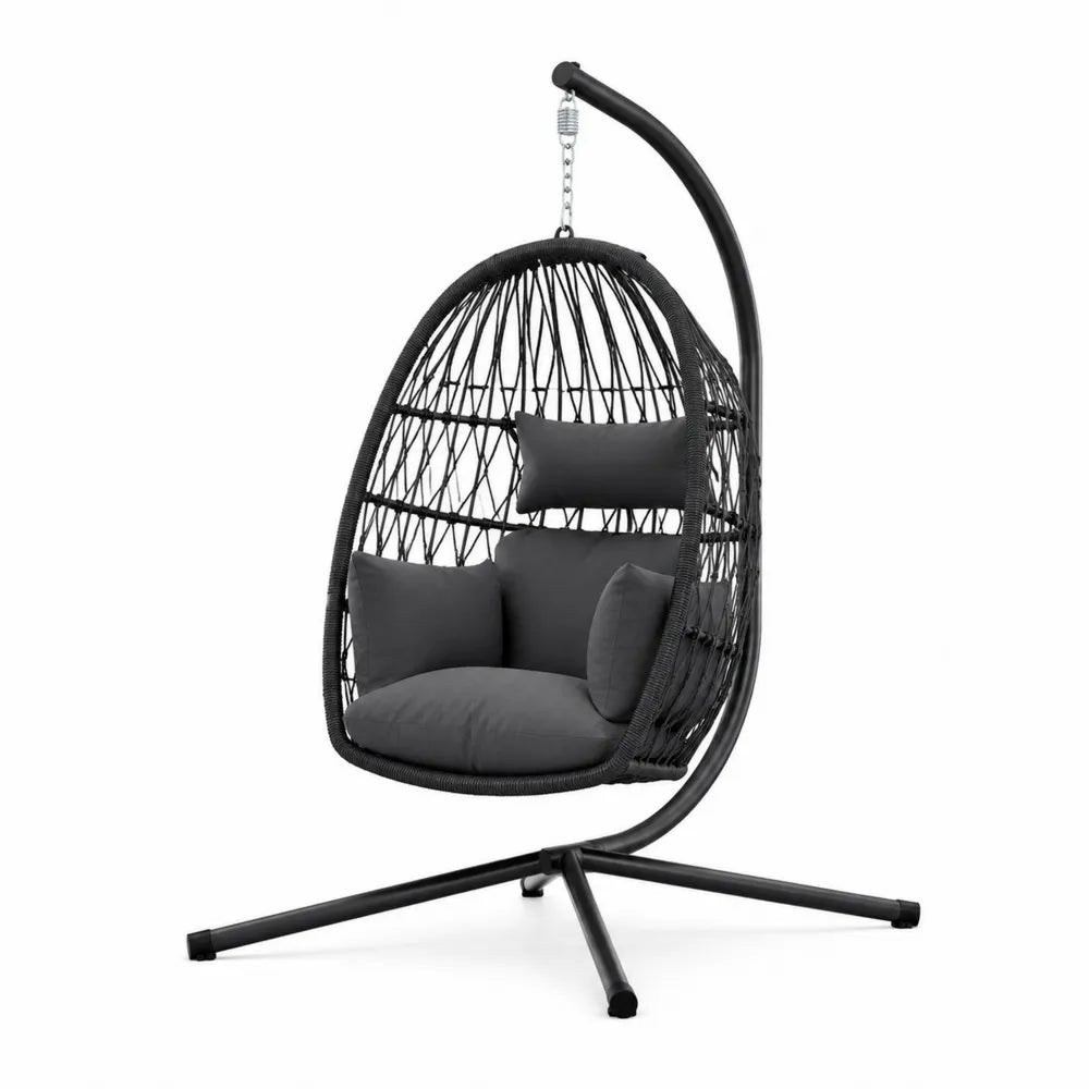 Fauteuil suspendu œuf de jardin 105 cm x 105 cm x 198 cm en acier thermolaqué résine tressée noir coussins gris foncé avec support sur pied