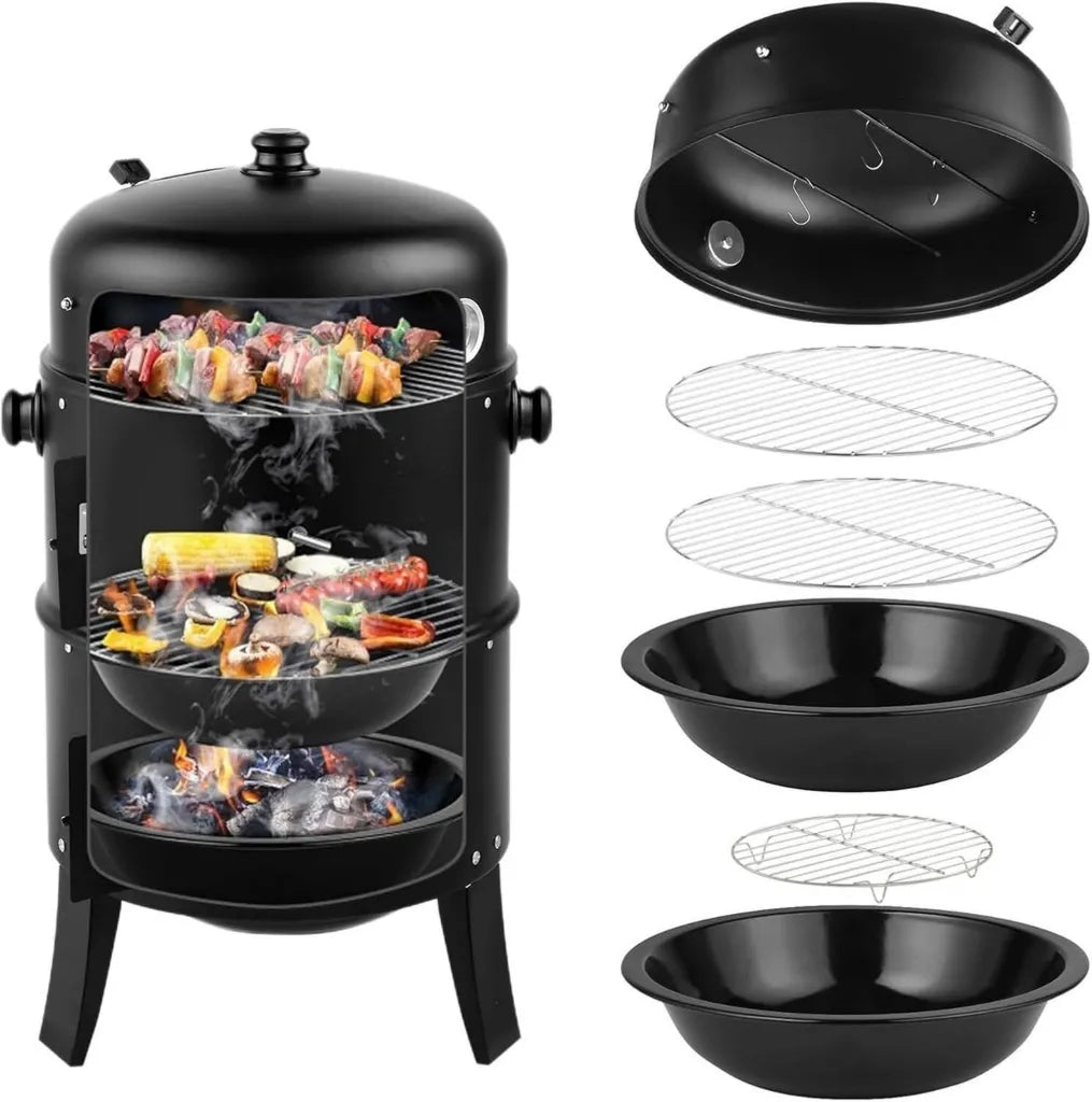Fumoir à Charbon Portable 3-en-1 avec Thermomètre Intégré, 81 cm - Idéal pour Barbecue et Cuisine Extérieure