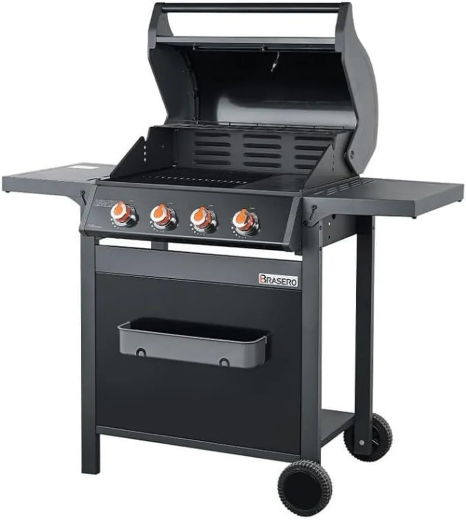 Barbecue à gaz 4 brûleurs avec surface mixte en fonte et nettoyage facile
