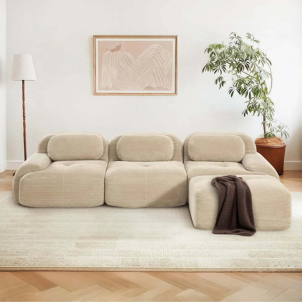 Canapé – assise profonde, revêtement en tissu, avec accoudoirs, 3 Places, beige