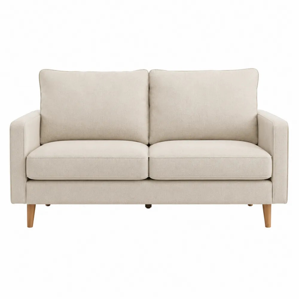 Canapé droit 2 places rectangulaire en polyester tissé beige avec pieds en hévéa naturel 160 x 82 x 84 cm