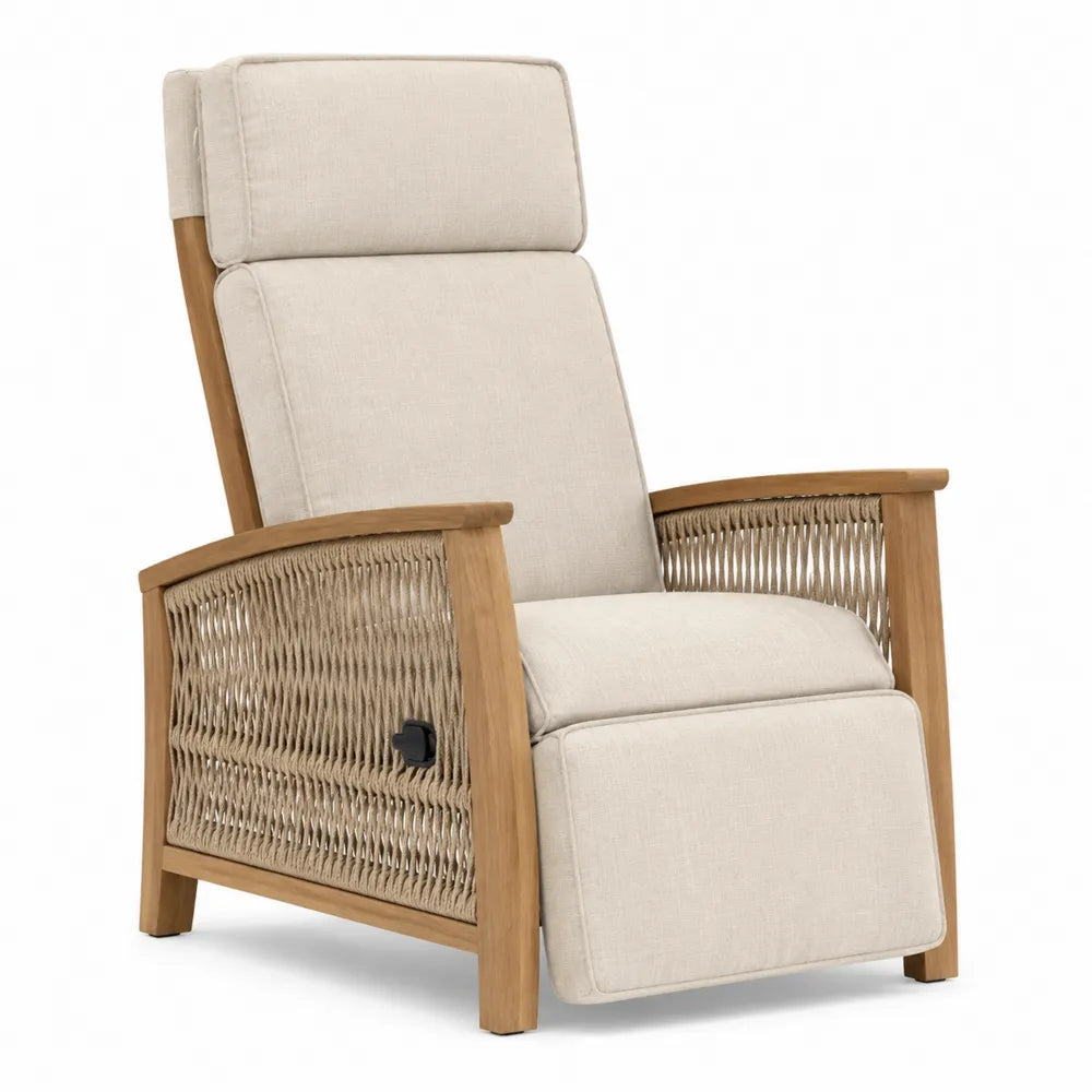 Fauteuil de jardin inclinable avec repose-jambes en acacia massif marron miel corde PP beige coussins écru 72 x 92 x 108 cm