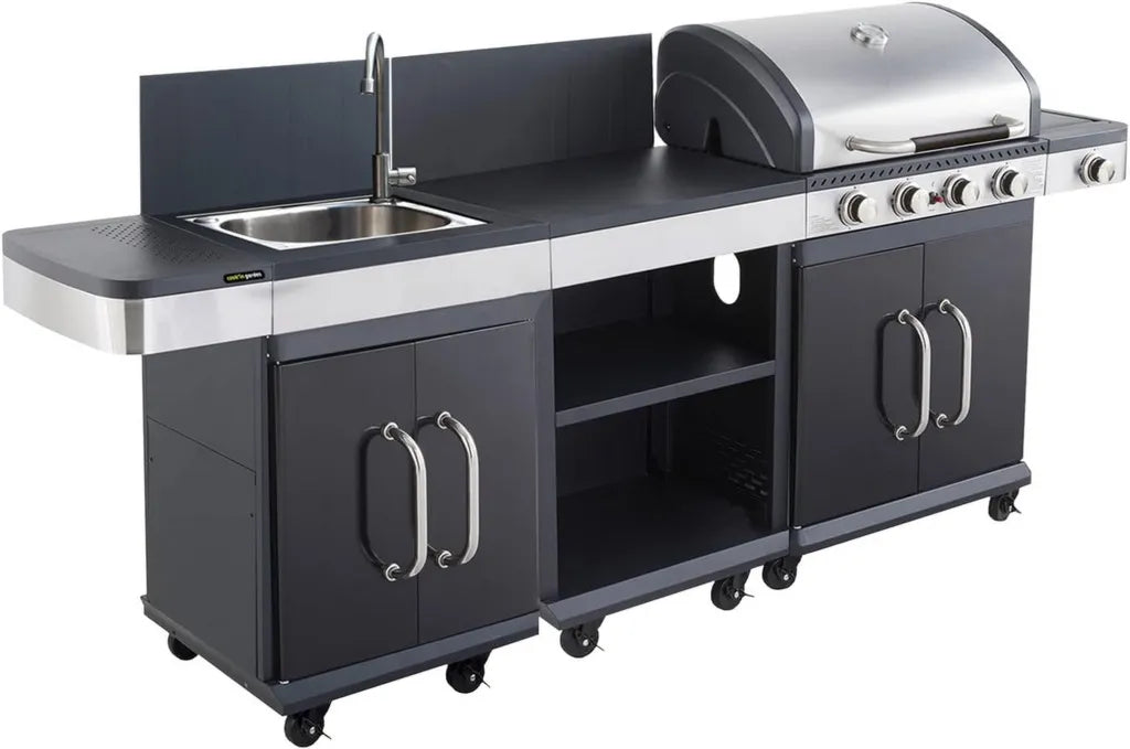 Cuisinière d'Extérieur Modulaire FIDGI 4 - Barbecue à Gaz 4 Brûleurs, Desserte et Évier, Structure Métallique Noire