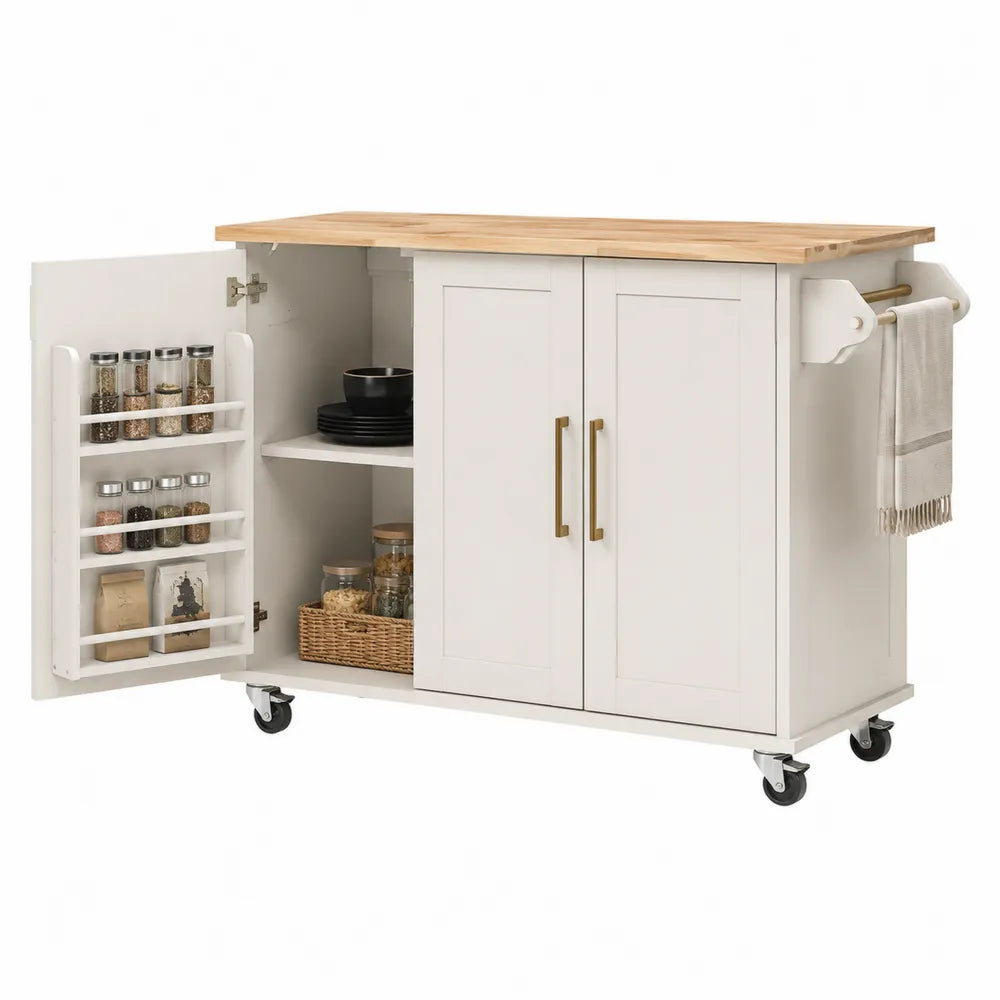 Chariot de cuisine multifonction rectangulaire à roulettes 120 x 45 x 90 cm en MDF blanc avec plateau en hévéa naturel