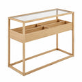 Table console rectangulaire en verre trempé transparent et MDF plaqué chêne naturel avec casier compartimenté 120 x 35 x 80 cm