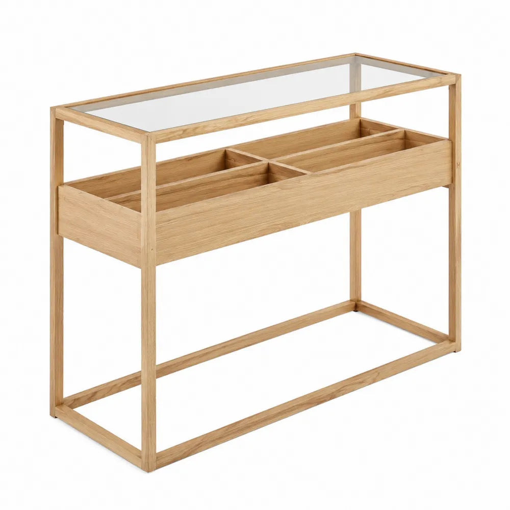 Table console rectangulaire en verre trempé transparent et MDF plaqué chêne naturel avec casier compartimenté 120 x 35 x 80 cm