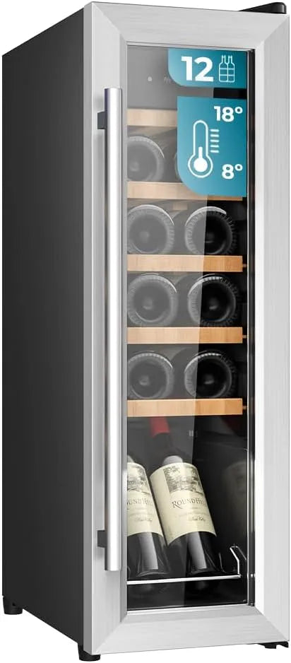 Cecotec Bolero GrandSommelier 1250 Cave à vin électrique, 12 bouteilles, 8 à 18 °C, 2 zones de température, éclairage LED, tactile, étagères en bois
