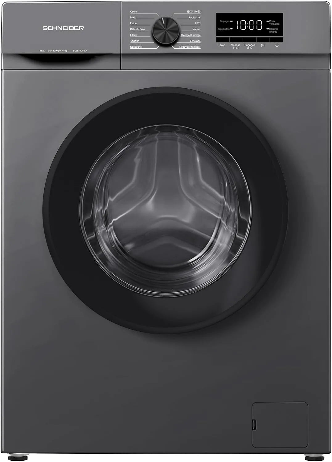 Lave-linge, 8 kg, Schneider SCLLF128-SA, argenté, Schneider SCLLF128-SA - Lave linge frontal 8kg Silver