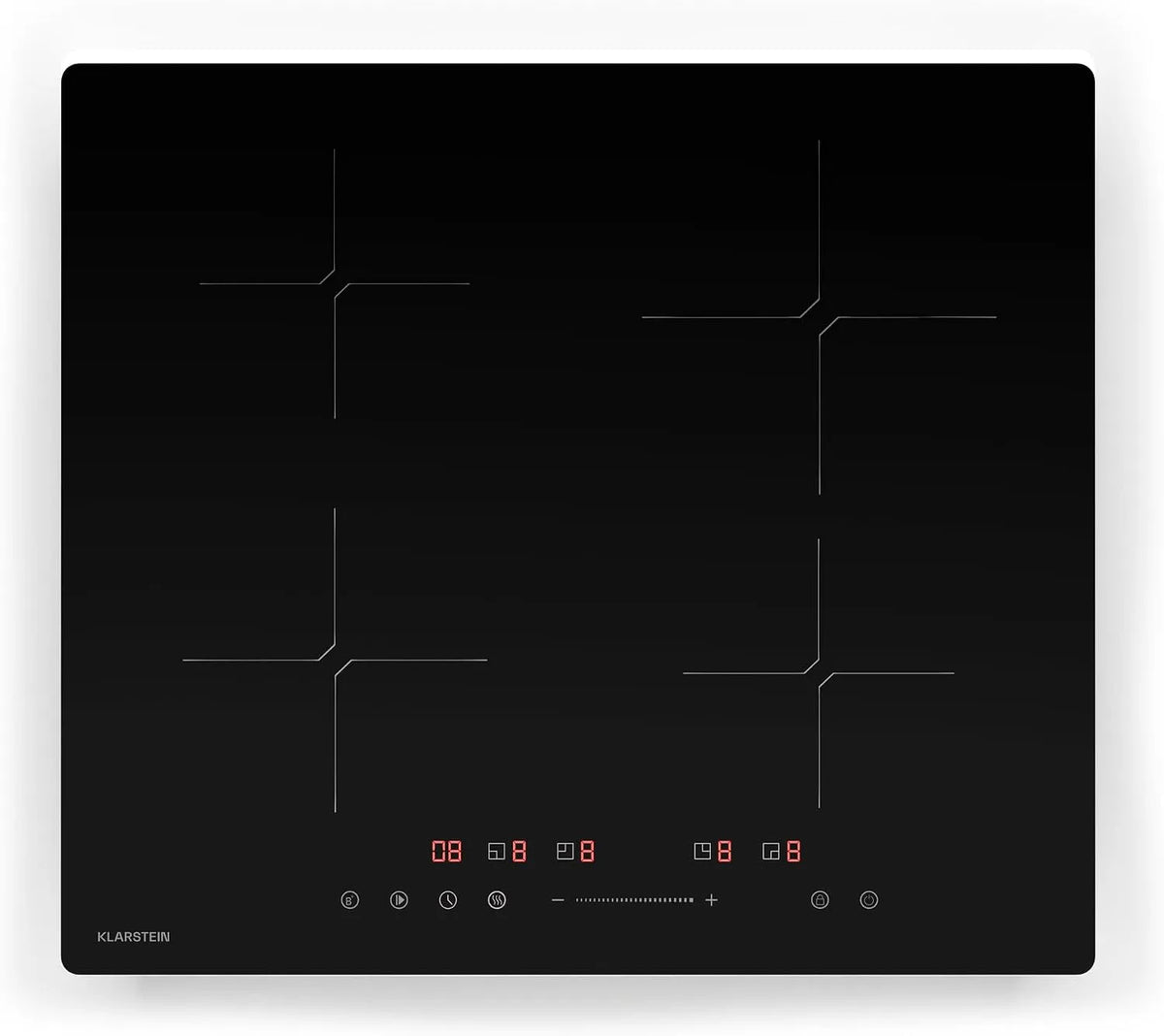 Klarstein Plaque à induction, 60 cm, 4 foyers, 7800 W, table de cuisson à induction, encastrable, minuteur, noir, 4 Zones, 9 Niveaux, Design Épuré 60