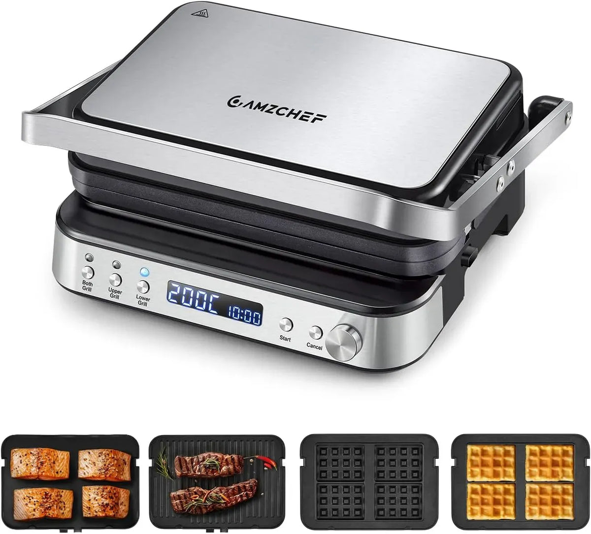 4-en-1 Machine à Sandwich, Grill, gril à panini et croque-monsieur, gaufrier électrique, 2000 W, 80 à 230 °C, minuteur, 2 zones de température