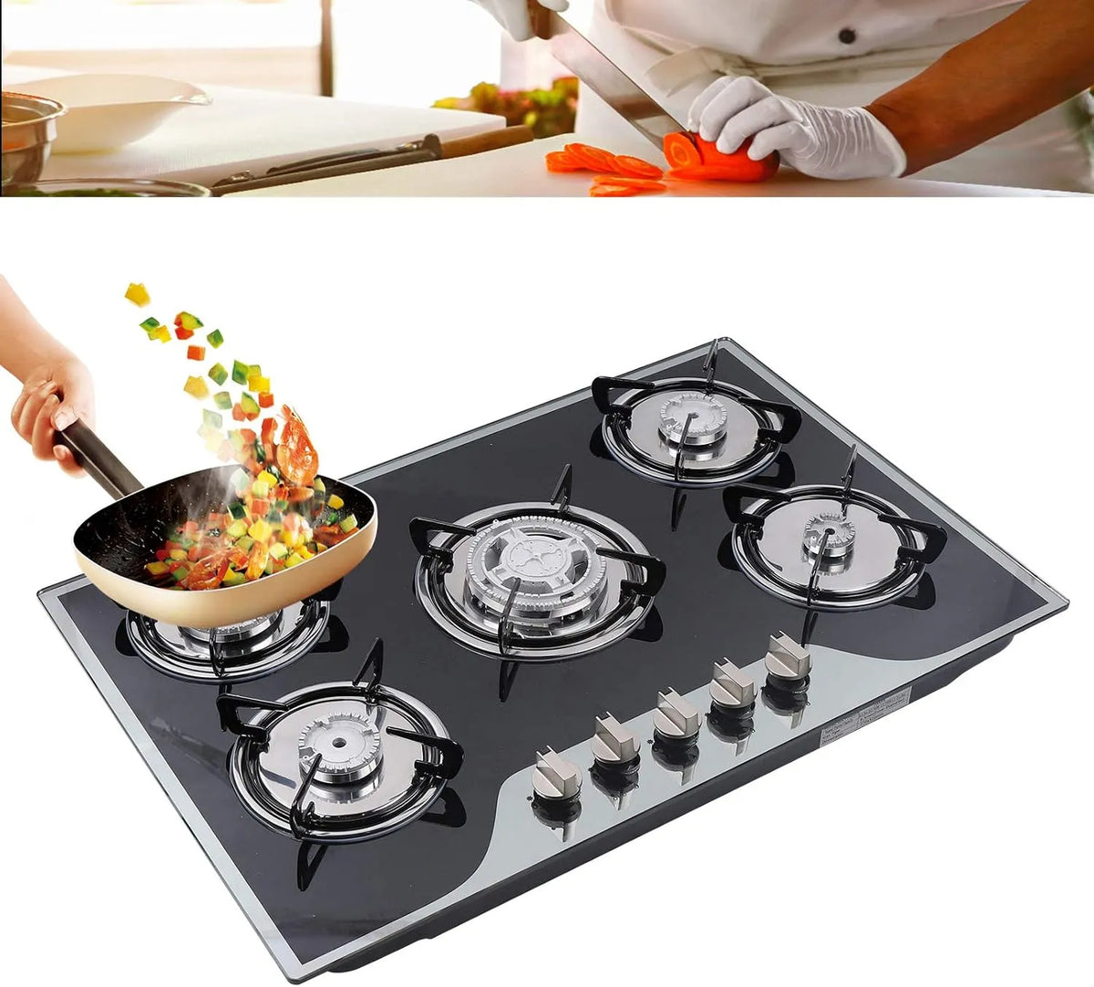 Cuisinière avec four, 5 foyers, encastrable, plaque de cuisson à gaz GPL/NG, plaque de cuisson à gaz avec verre trempé de 8 mm et cadre en émail