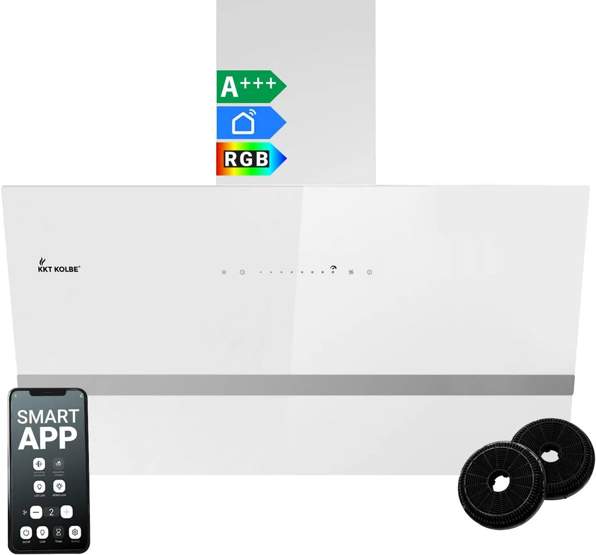 Hotte aspirante EASY9005WM, 90 cm, hotte de cuisine, éclairage LED, installation murale, Wi-Fi, application, blanc, 782 cbm, sans tête, évacuation et