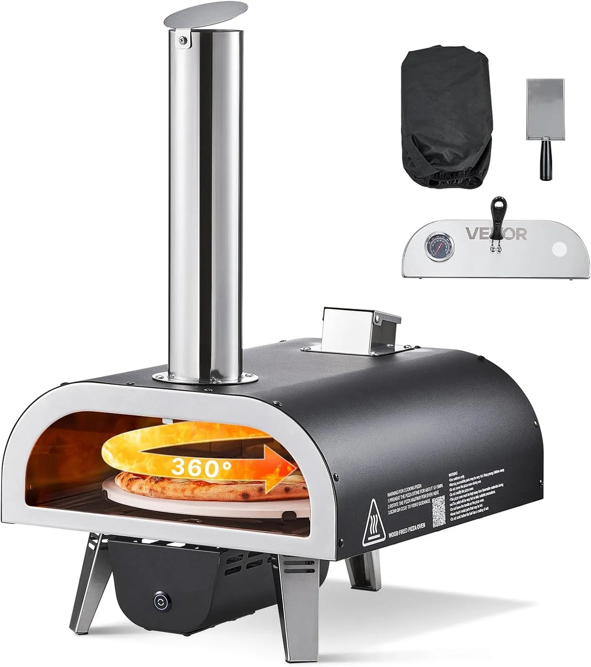 VEVOR Four électrique à pizza, portable, extérieur, camping, Pierre à Pizza, avec Thermomètre et Rotation Électrique, Sac de Transport et Pelle