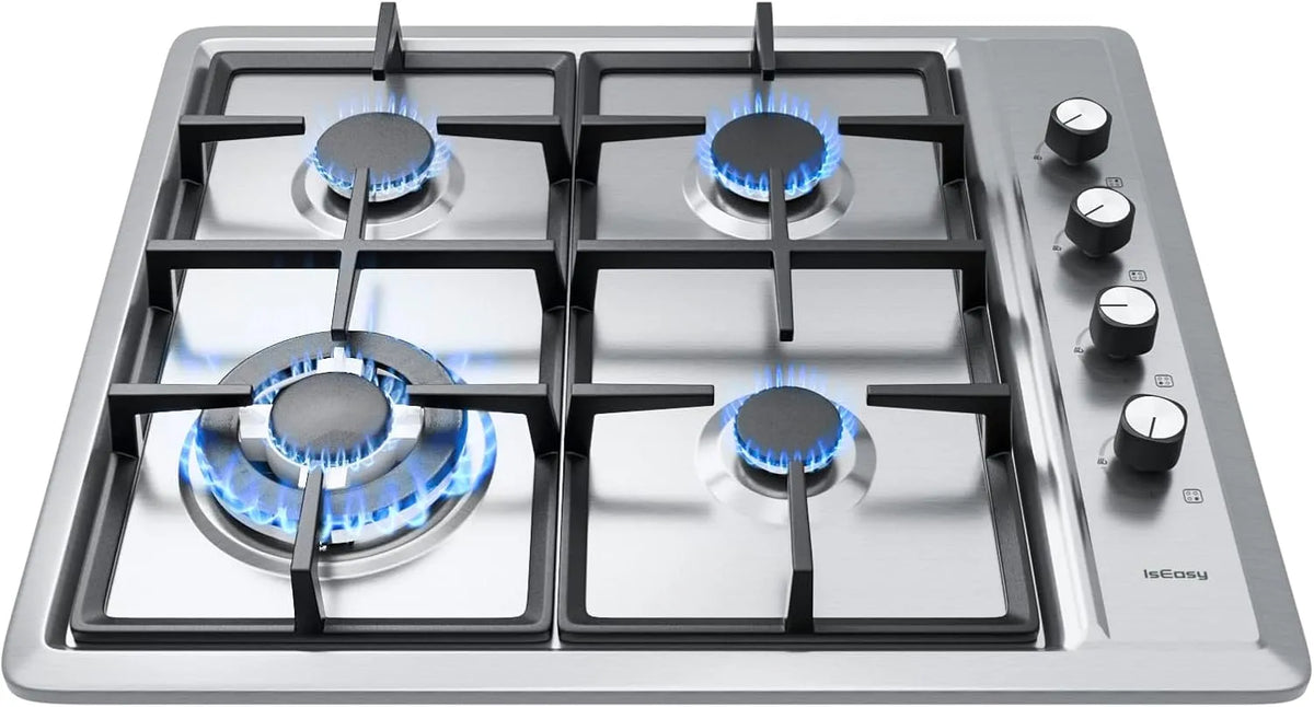 Plaque de cuisson à gaz, 60cm, 4 foyers, encastrable, acier inoxydable, table de cuisson à gaz, IsEasy Plaque Gaz 4 Feux Inox, Gazs Ville et Bouteille