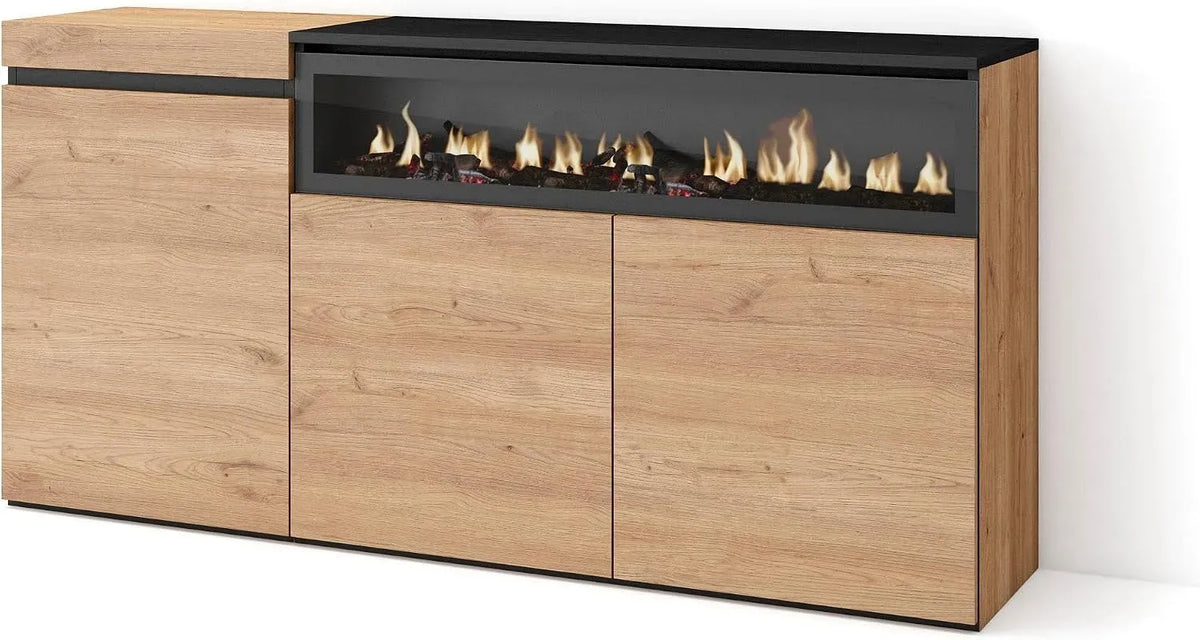 Cheminée électrique, Skraut Home, pour Buffet Salon et Cuisine, 150x75x35cm, 3 Portes, Meuble de Rangement, Commode